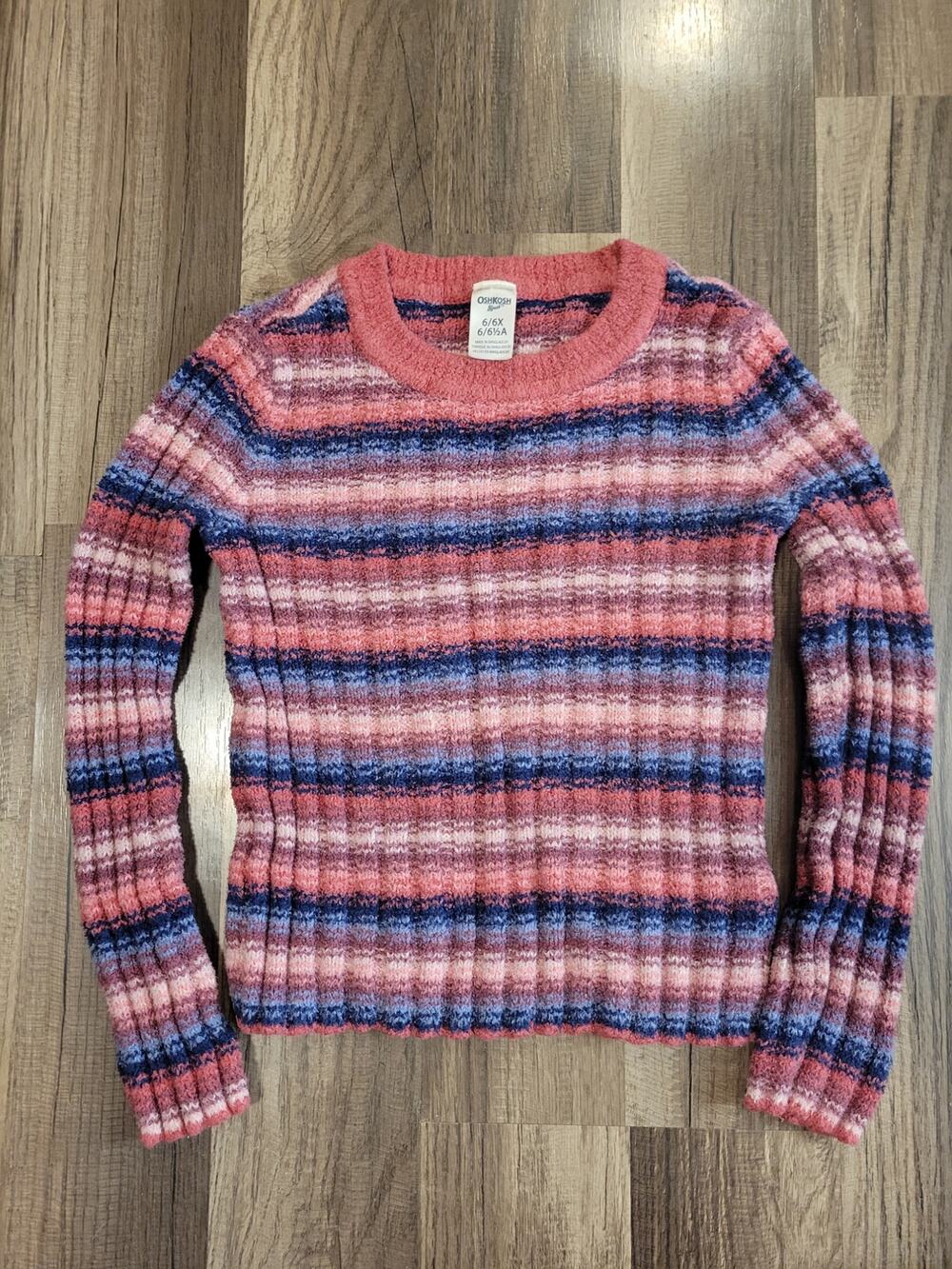 OshKosh B'gosh Pink Blue Stripe Cozy Soft Warm Crew Neck Sweater Girls Size 6